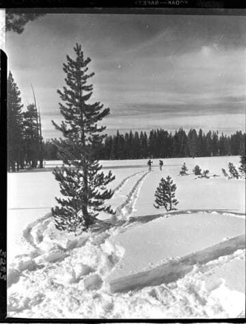 Big Creek snow survey.  Long shot of men taking a depth reading snow
