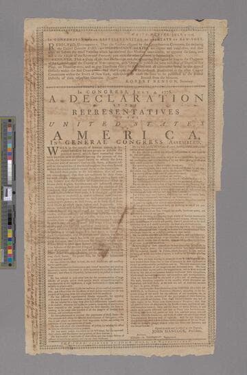 White-Plains, July 9, 1776. In Convention of the Representatives of the State of New-York. Resolved unanimously, that the reasons assigned by the Continental Congress, for declaring the united colonies free and independent states, are cogent and conclusive ... Extract from the minutes, Robert Benson, secretary. In Congress, July 4, 1776. A declaration by the representatives of the United States of America, in general Congress assembled