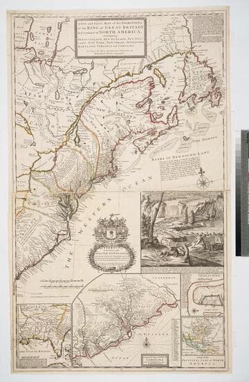 A new and exact map of the dominions of the King of Great Britain on ye continent of North America : containing  Newfoundland, New Scotland, New England, New York, New Jersey, Pensilvania, Maryland, Virginia and Carolina ; according to the newest and most exact observations / by Herman Moll Geographer