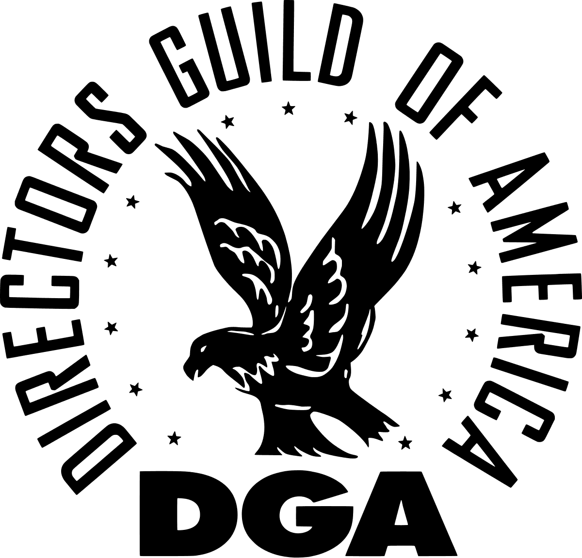 A black logo with an illustration of a flying bird, text on a circular path reads "Directors Guild of America / DGA."